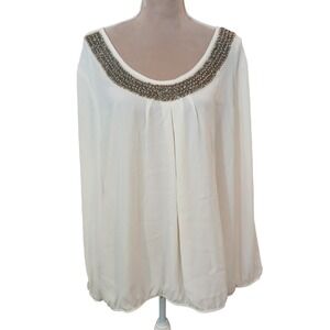 Maurices Embellished Neckline Pleated Front Long Sleeve Blouse Cream Ivory 2x